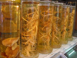 This image shows preserved Ginseng root for sale at a Korean market. 