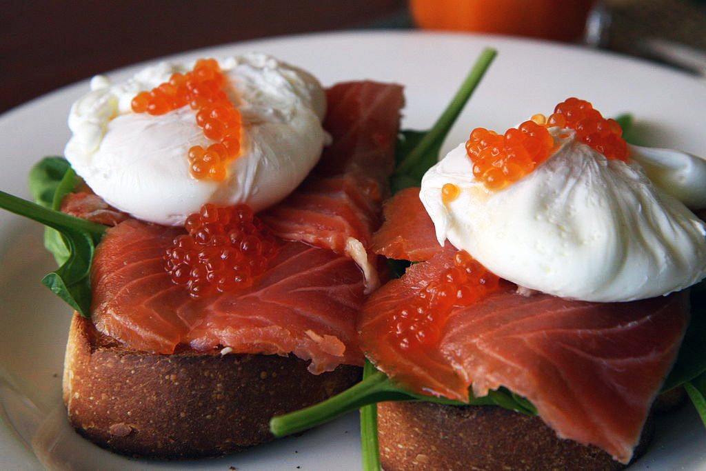 Poached eggs with salmon and caviar is a snack that's naturally loaded with phospholipid nutrition. By Glen MacLarty [CC BY 2.0], via Wikimedia Commons