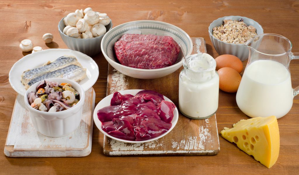 Foods highest in B12, including red meat, liver, fish, milk mushrooms, cheese, and oysters.