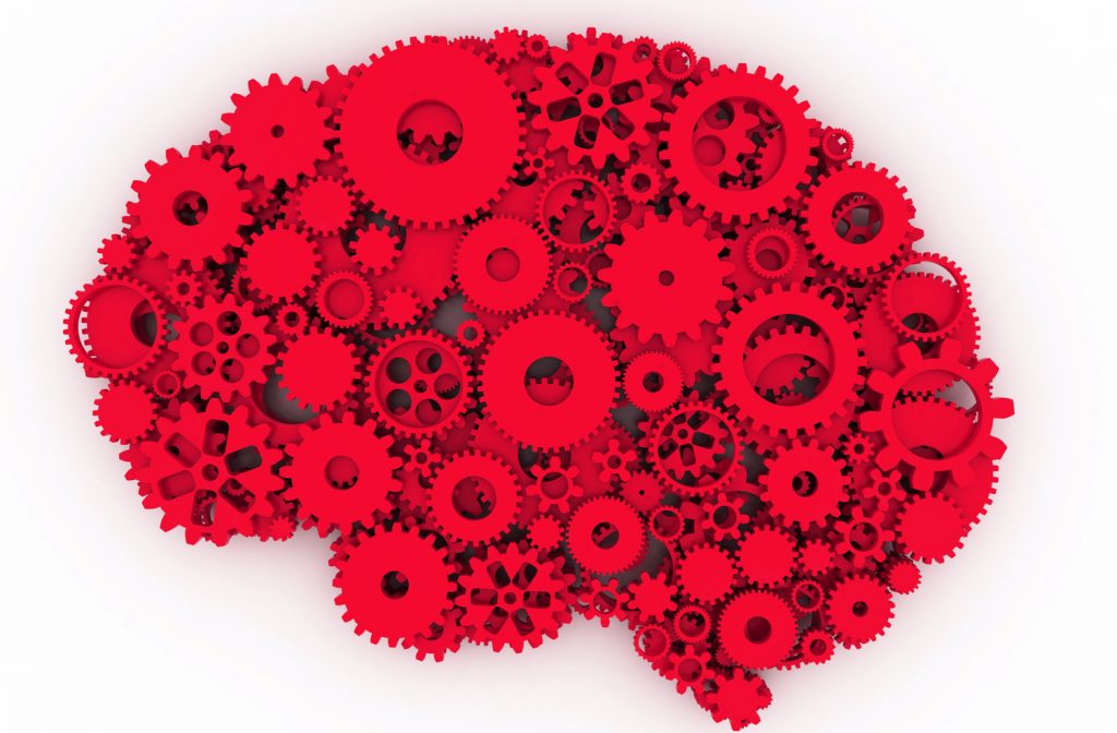 The brain of gears. The red brain. 3D.
