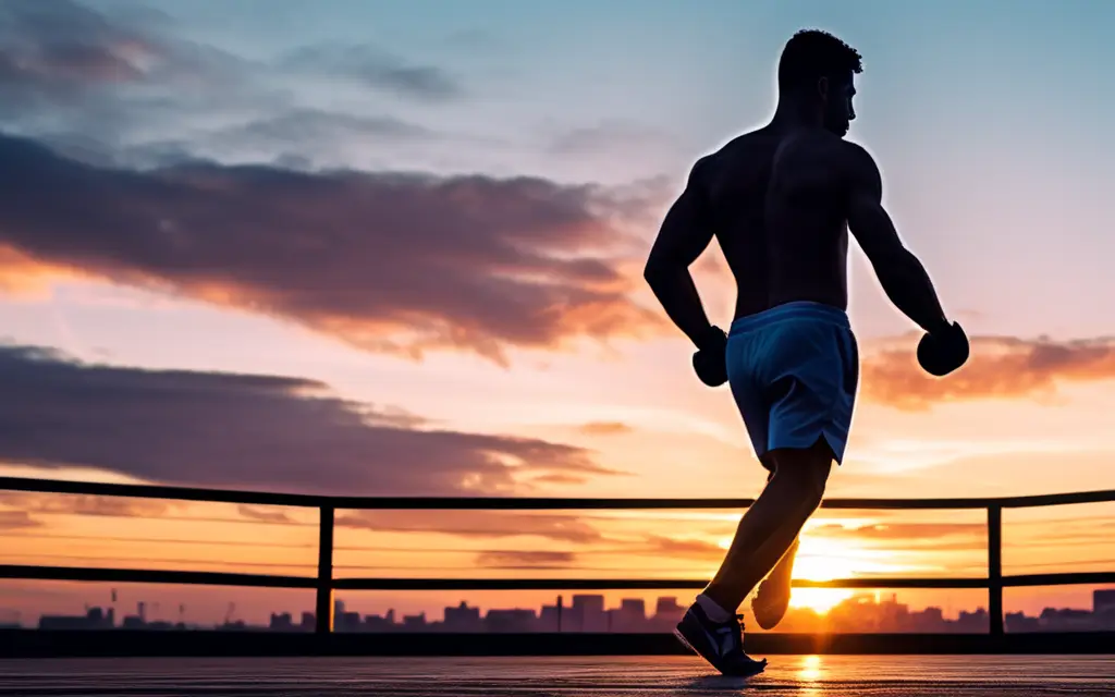 A silhouette of an athlete shadow boxing during a sunset near a city.