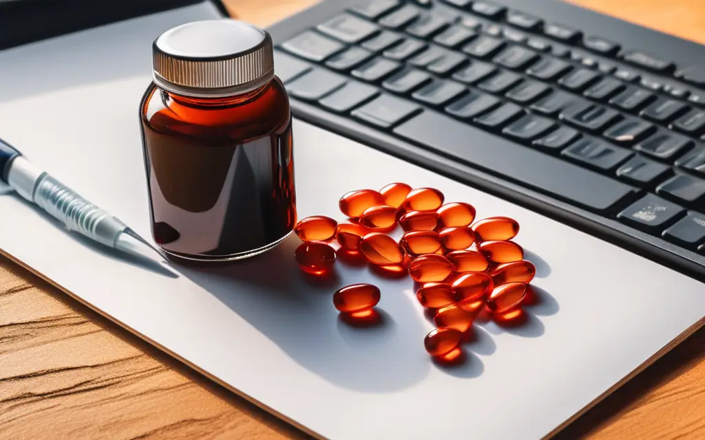 Red vitamin E softgels next to a pen and a laptop on a table representing dosage guidelines for joint supplements.