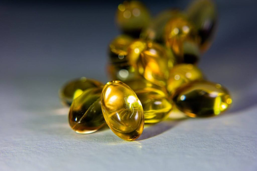 Omega-3 fish oil capsules close up shot